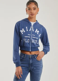 Hoodies & Sweatshirts>Pink Vanilla Navy Miami Slogan Zip Up Hoodie