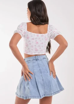 Tops>Pink Vanilla Pink Floral Puff Sleeve Crop Top