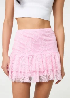 Skirts>Pink Vanilla Pink Lace Ruffle Mini Skirt