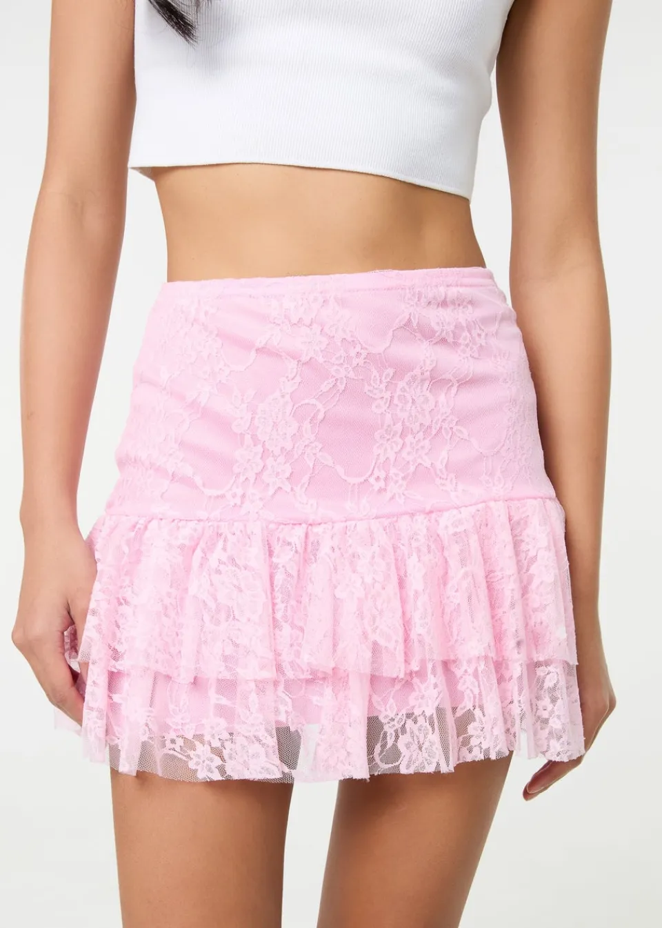 Skirts>Pink Vanilla Pink Lace Ruffle Mini Skirt