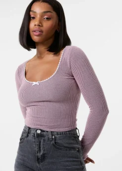 Tops>Pink Vanilla Pink Long Sleeve Rib Top with Bow