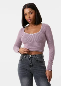 Tops>Pink Vanilla Pink Long Sleeve Rib Top with Bow