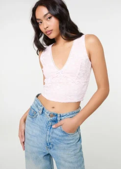 Tops>Pink Vanilla Pink V Neck Lace Crop Top