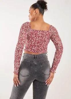 Tops>Pink Vanilla Red Ditsy Floral Print Long Sleeve Butterfly