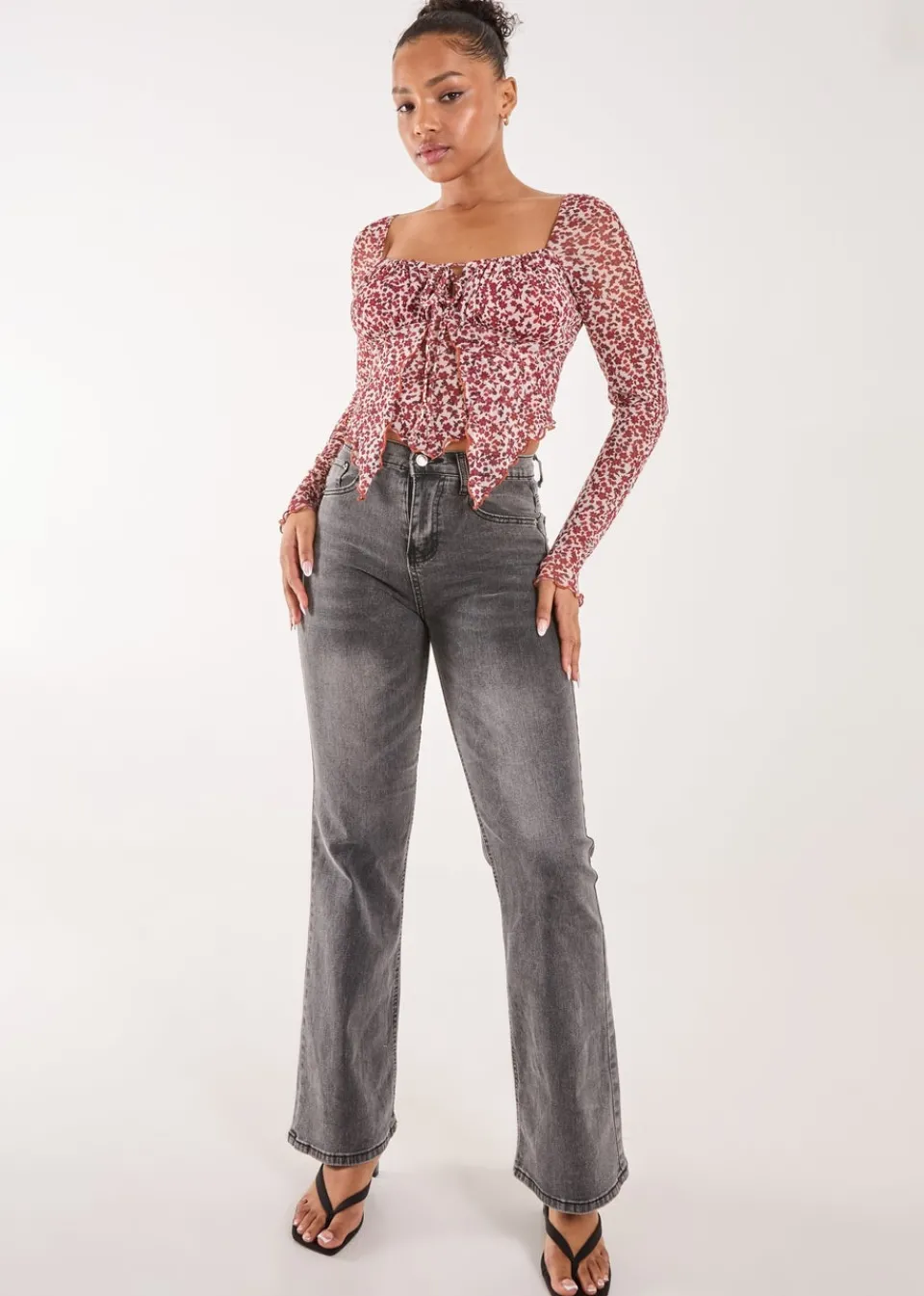 Tops>Pink Vanilla Red Ditsy Floral Print Long Sleeve Butterfly