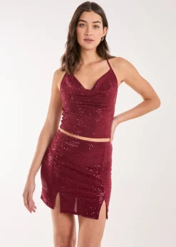 Tops>Pink Vanilla Red Mirror Sequin Halter Crop Top
