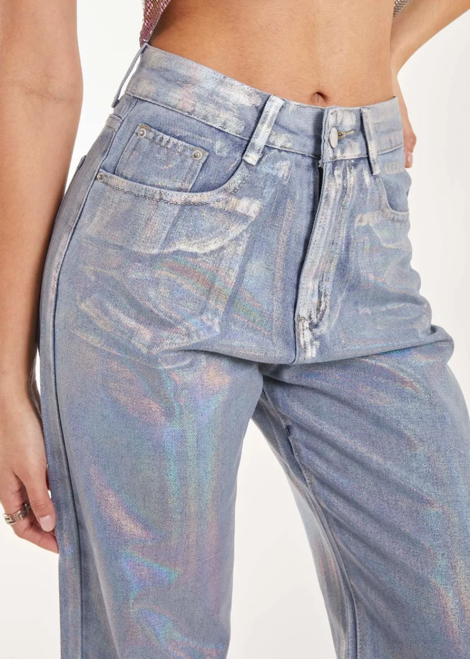 Jeans & Jeggings>Pink Vanilla Silver Metallic Silver Foil Coated Jeans