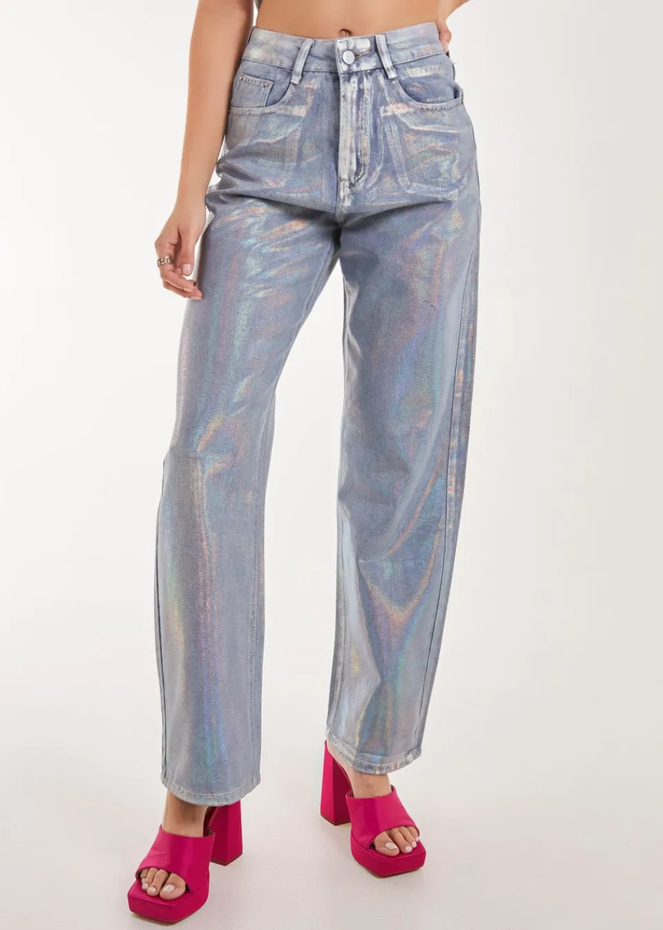 Jeans & Jeggings>Pink Vanilla Silver Metallic Silver Foil Coated Jeans