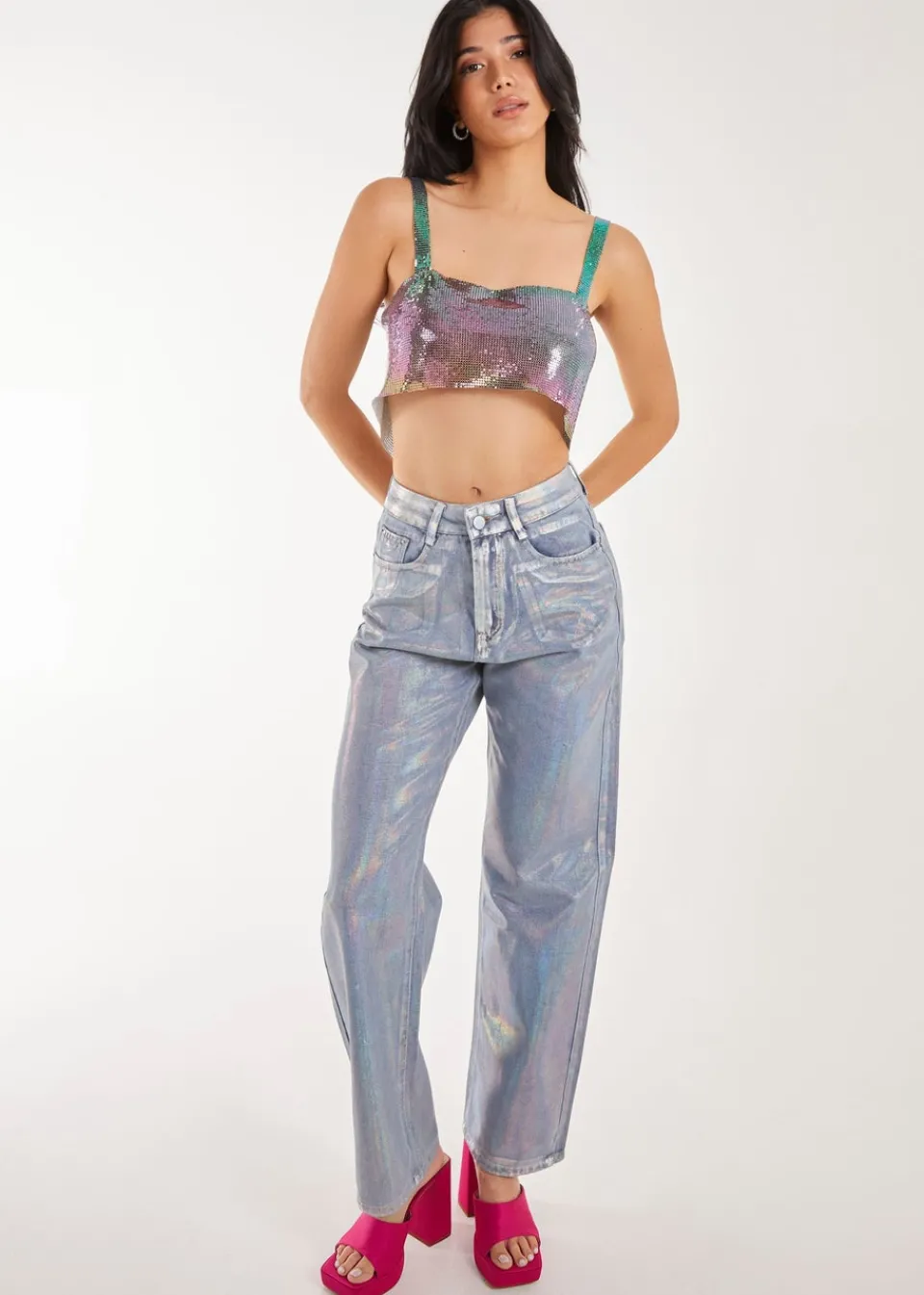 Jeans & Jeggings>Pink Vanilla Silver Metallic Silver Foil Coated Jeans