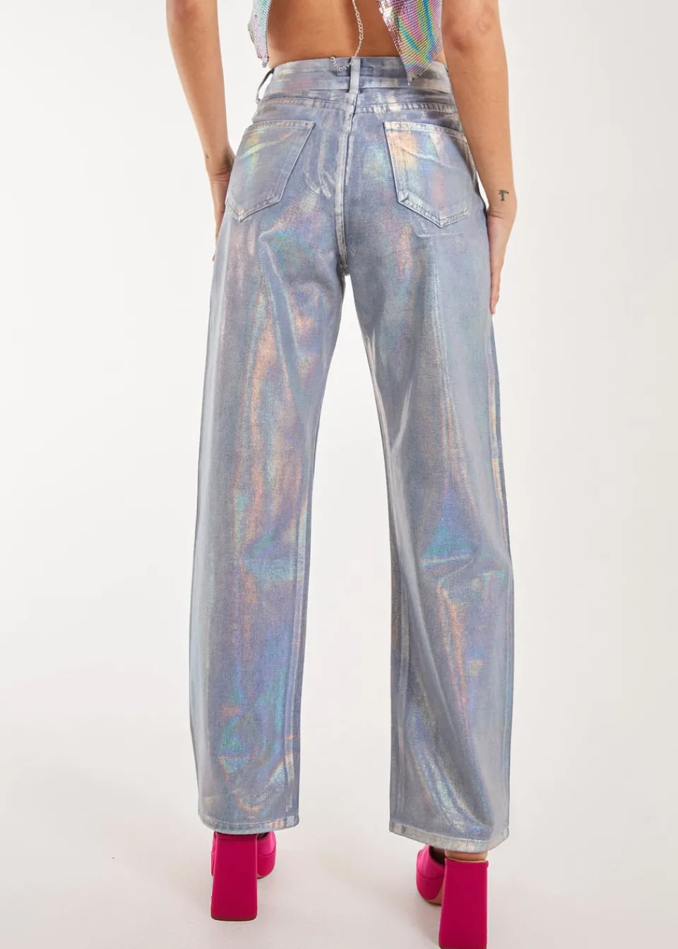 Jeans & Jeggings>Pink Vanilla Silver Metallic Silver Foil Coated Jeans