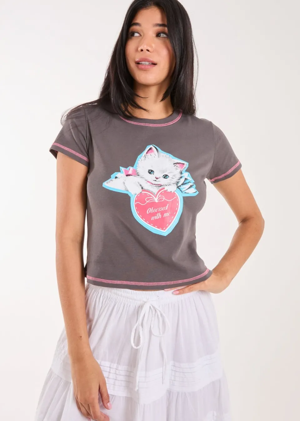 T-Shirts>Pink Vanilla Slate Kitten Print Baby Tee