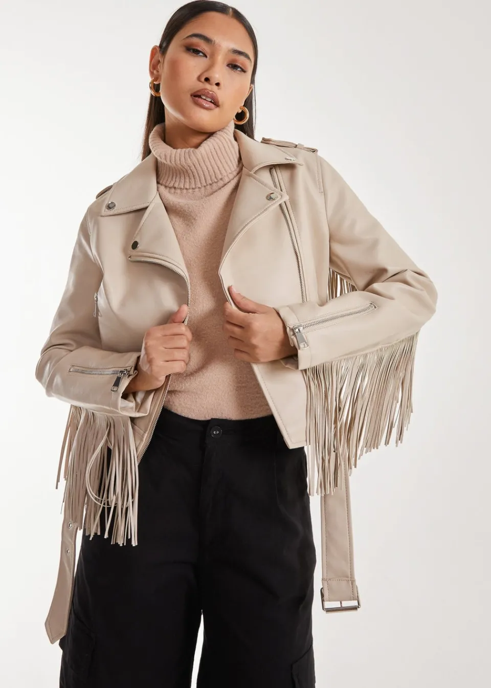 Coats & Jackets>Pink Vanilla Stone Fringed Cropped PU Jacket