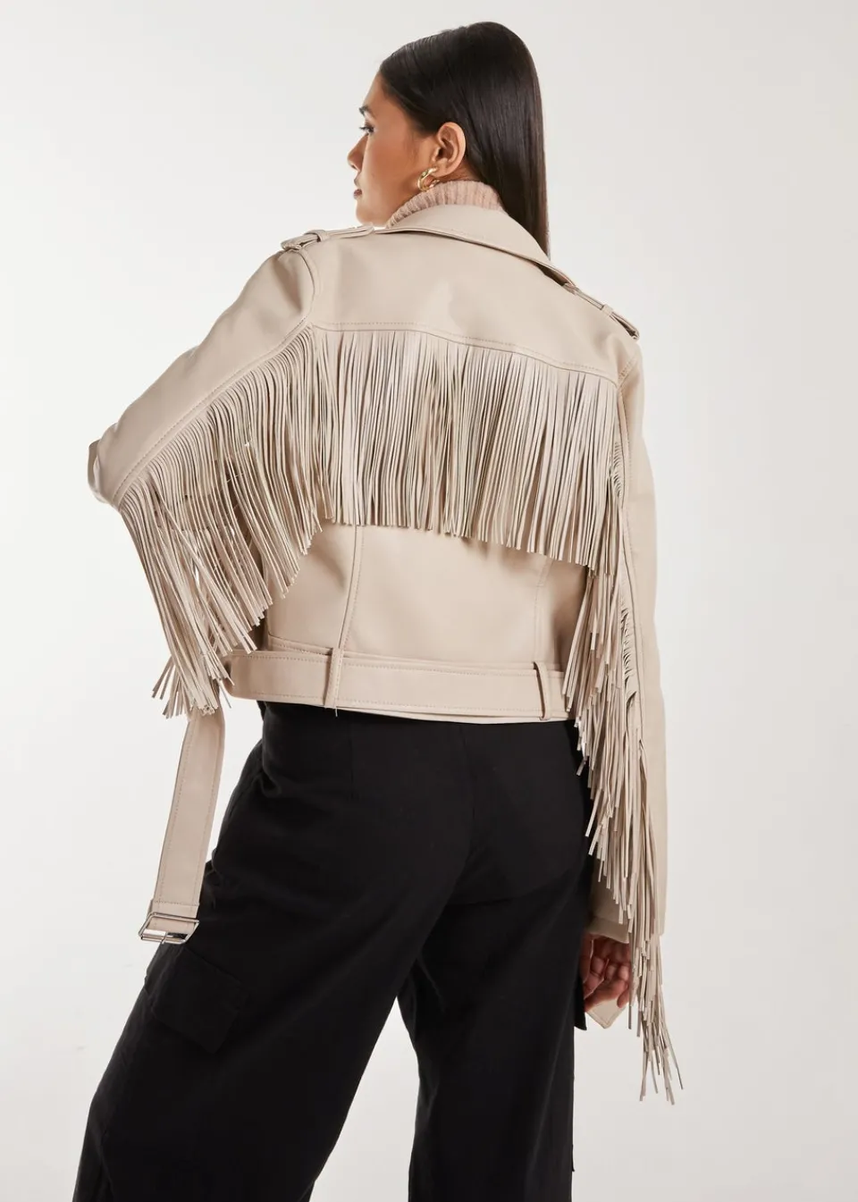 Coats & Jackets>Pink Vanilla Stone Fringed Cropped PU Jacket