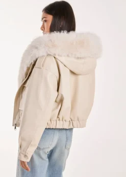 Coats & Jackets>Pink Vanilla Stone Fur Hooded Cropped Utility Jacket