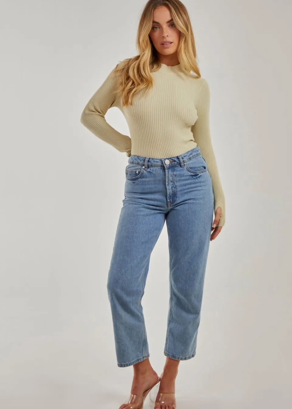 Tops>Pink Vanilla Stone High Neck Ribbed Top