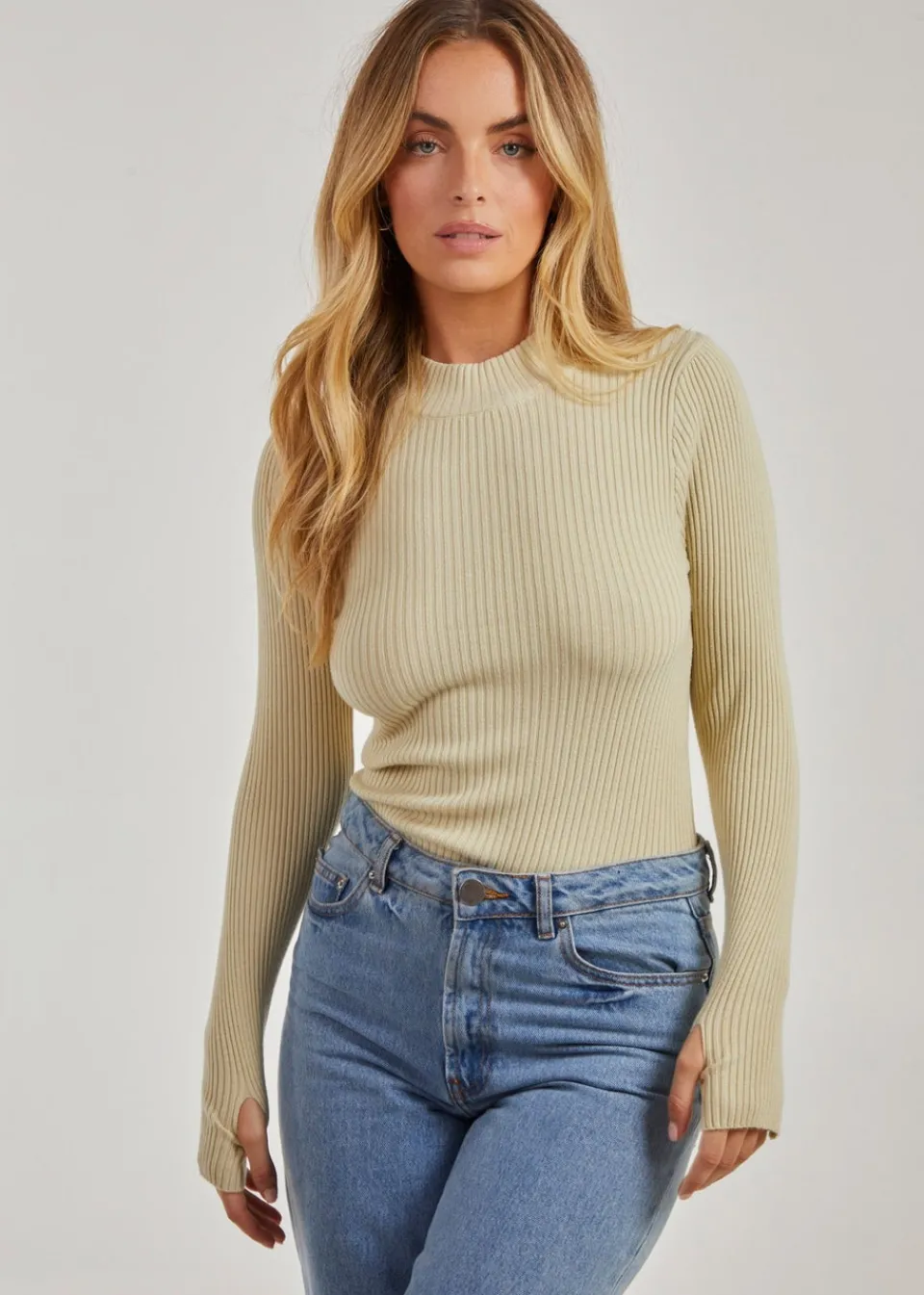 Tops>Pink Vanilla Stone High Neck Ribbed Top