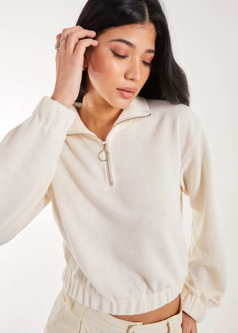 Tops>Pink Vanilla Stone High Neck Zip Up Cropped Sweatshirt
