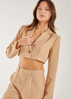 Co-Ord Sets>Pink Vanilla Stone Pinstripe Cropped Blazer