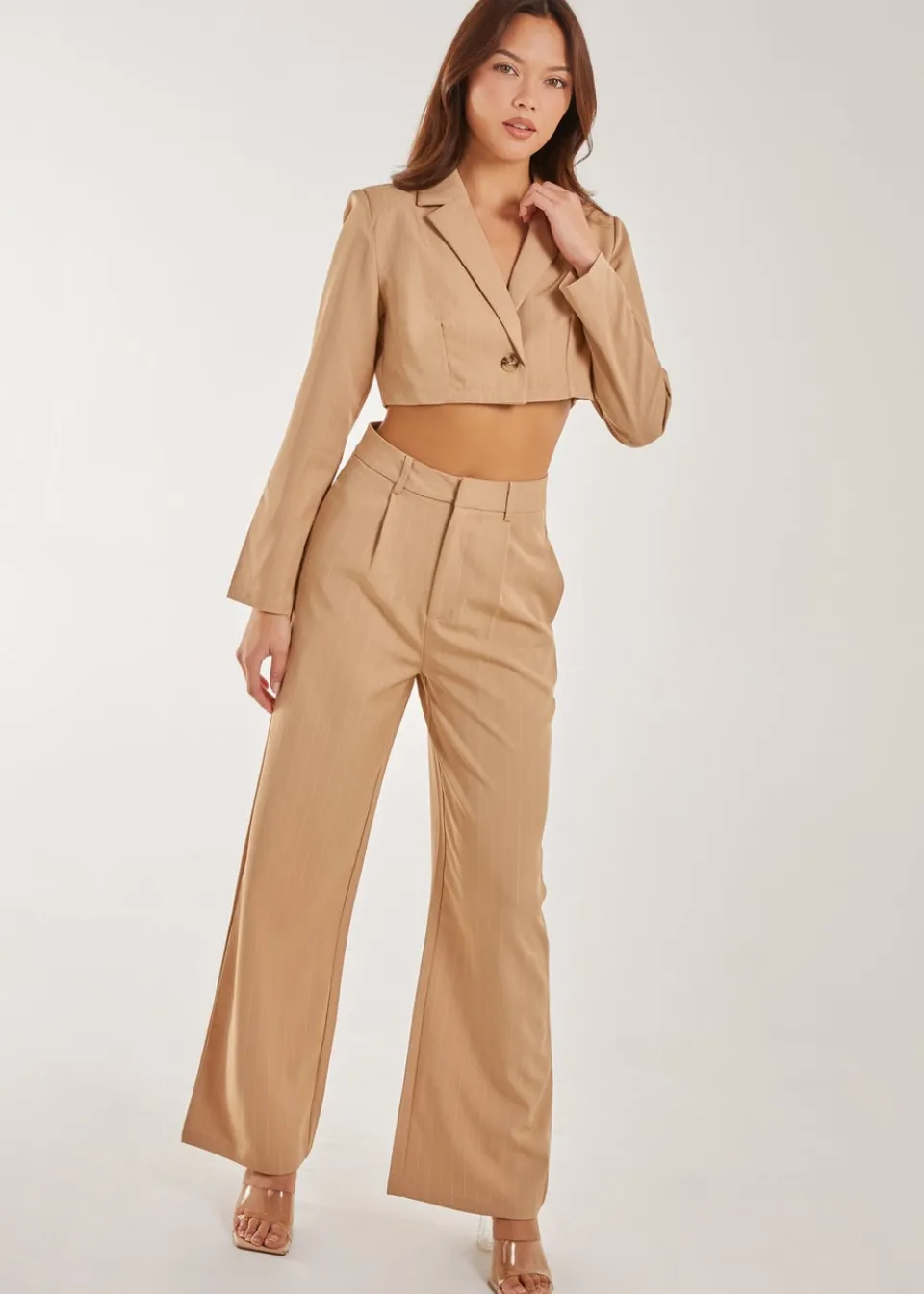 Co-Ord Sets>Pink Vanilla Stone Pinstripe Cropped Blazer