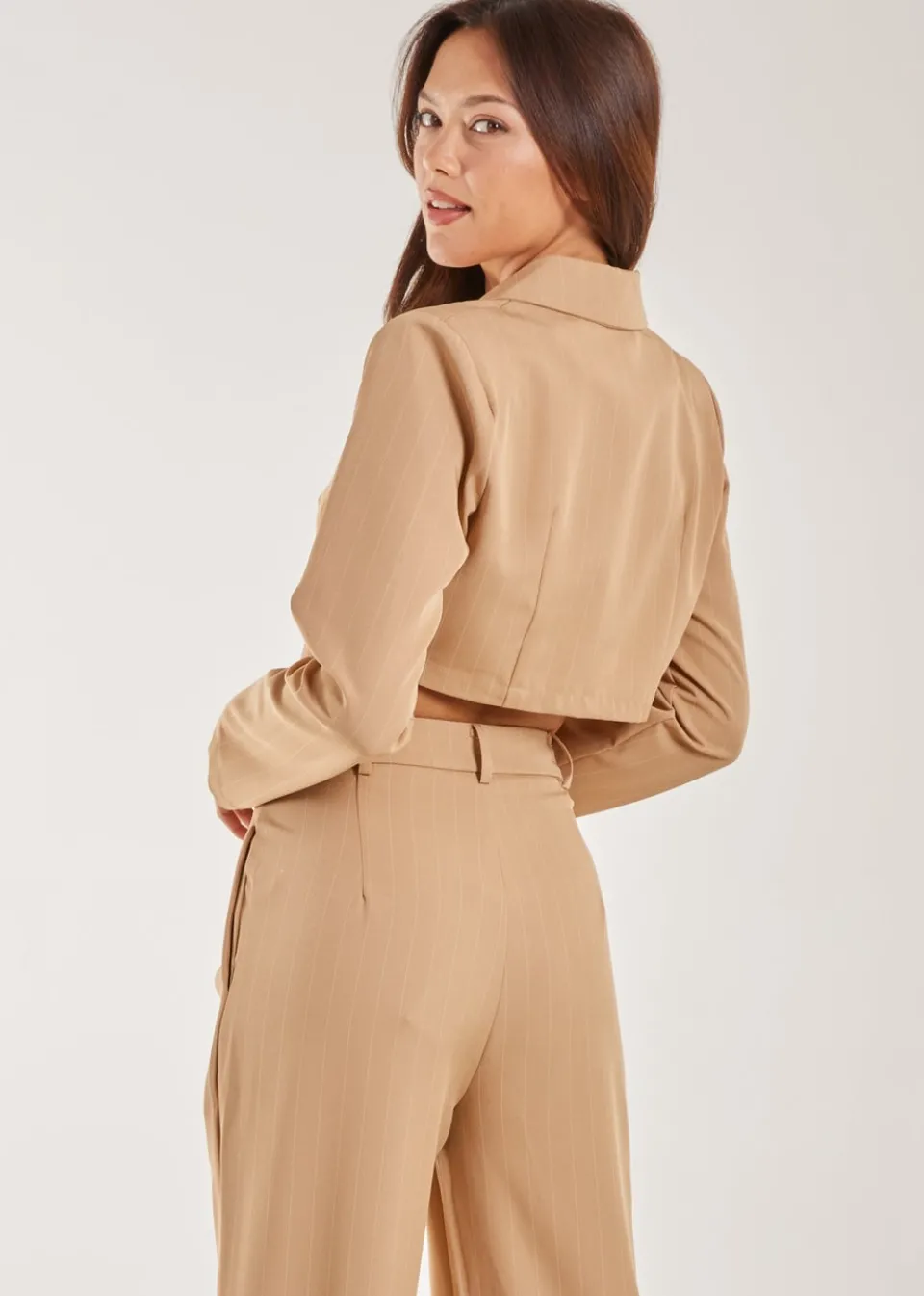 Co-Ord Sets>Pink Vanilla Stone Pinstripe Cropped Blazer