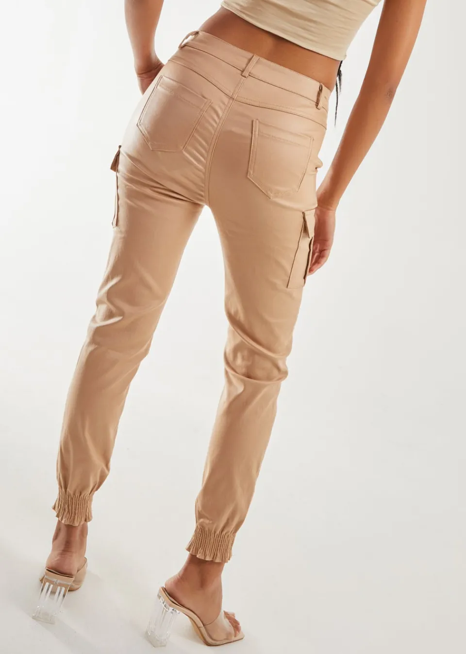 Trousers>Pink Vanilla PU Cuffed Cargo Trousers Stone
