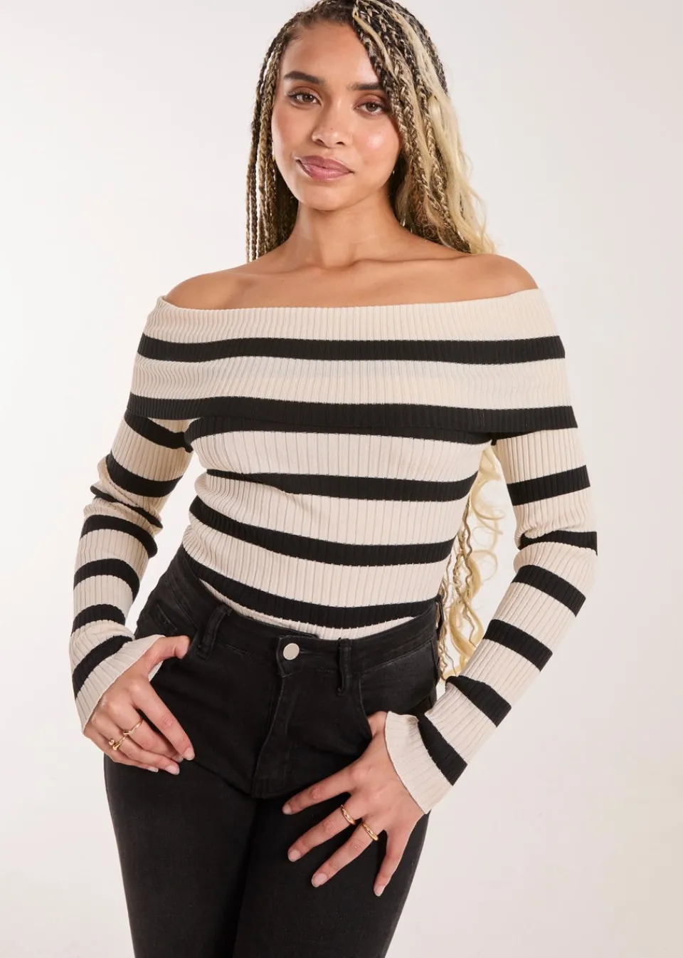 Tops>Pink Vanilla Stone Striped Bardot Knit Top