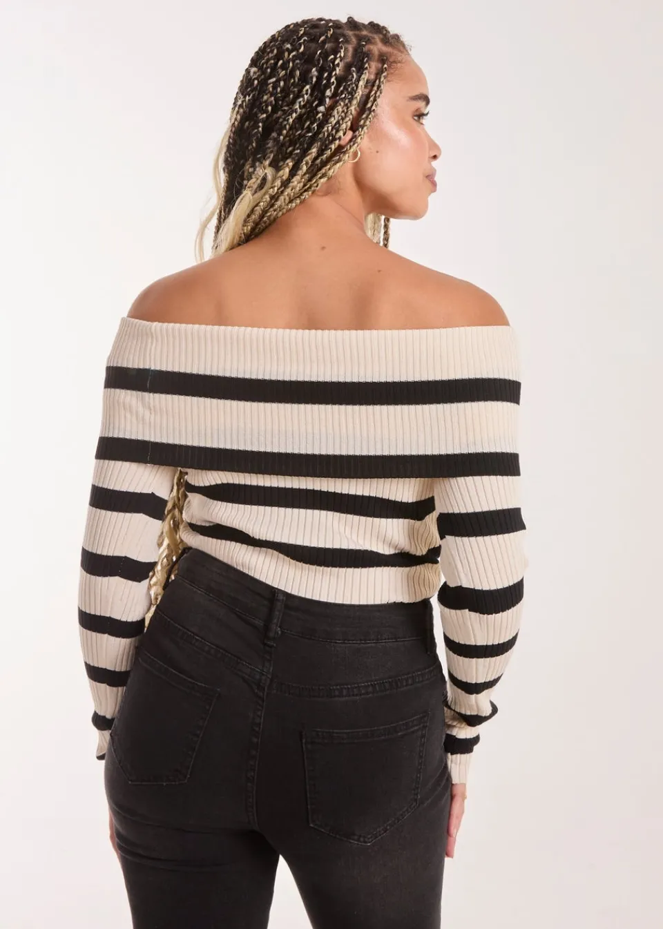 Tops>Pink Vanilla Stone Striped Bardot Knit Top