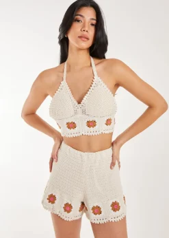 Tops>Pink Vanilla Stone Tie Flower Detail Crochet Bralette