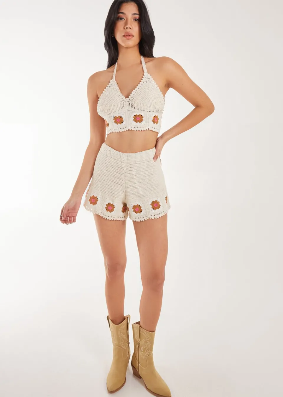 Tops>Pink Vanilla Stone Tie Flower Detail Crochet Bralette