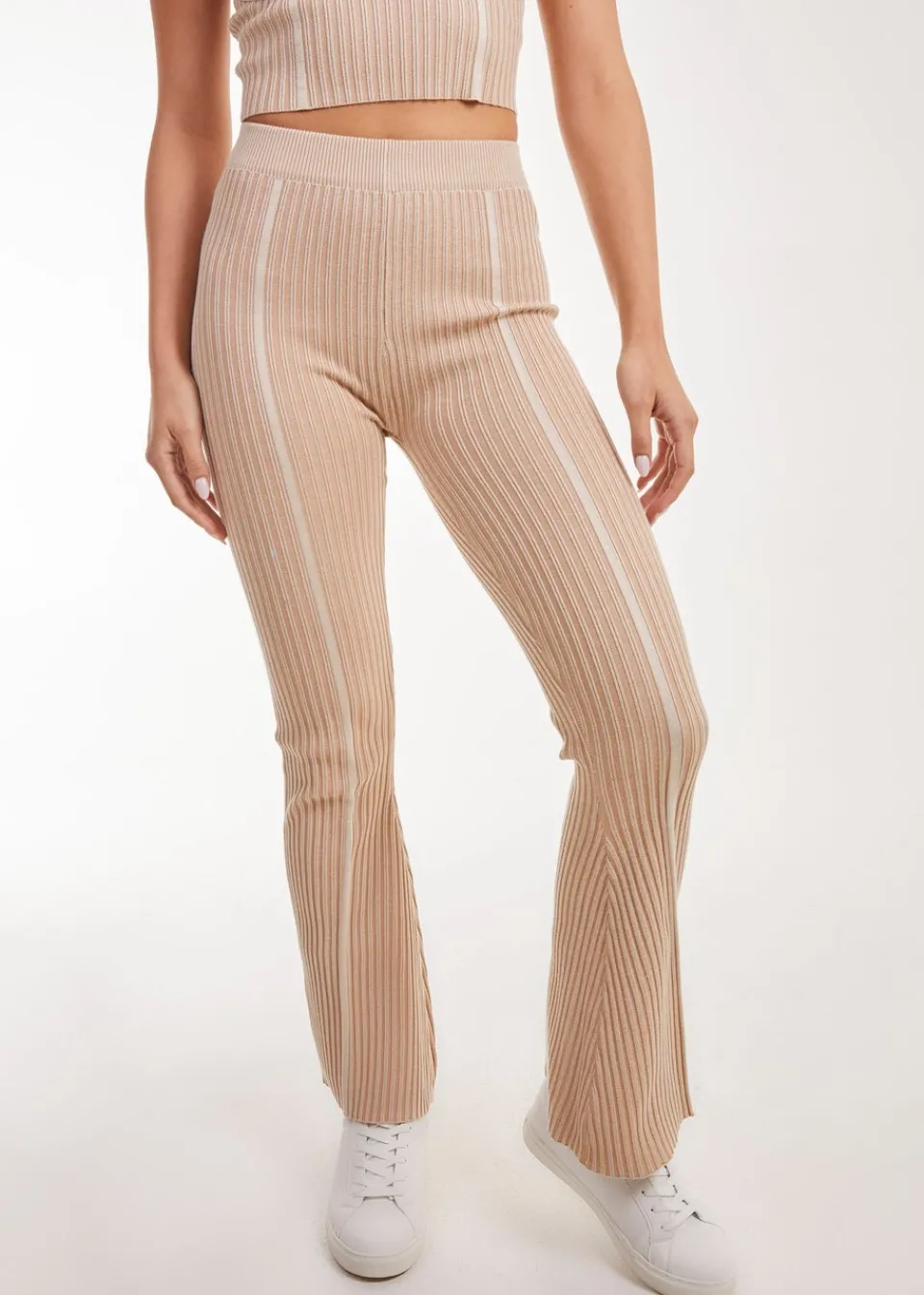 Trousers>Pink Vanilla Two Tone Rib Seam Detail Flares Stone