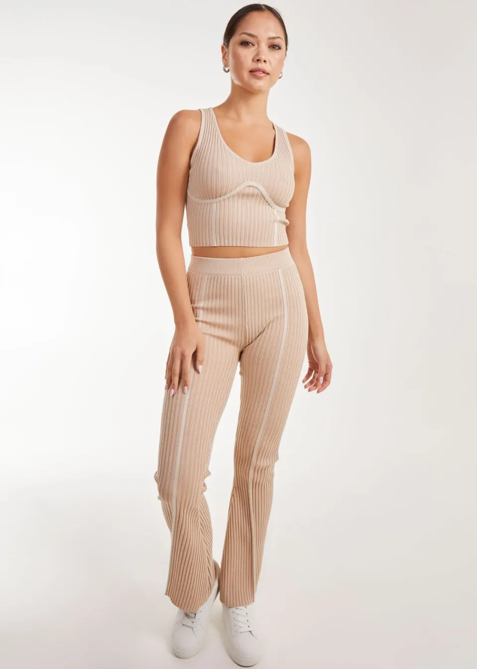 Trousers>Pink Vanilla Two Tone Rib Seam Detail Flares Stone