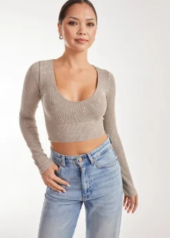 Tops>Pink Vanilla Stone Washed Rib Long Sleeve Top