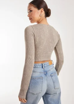 Tops>Pink Vanilla Stone Washed Rib Long Sleeve Top