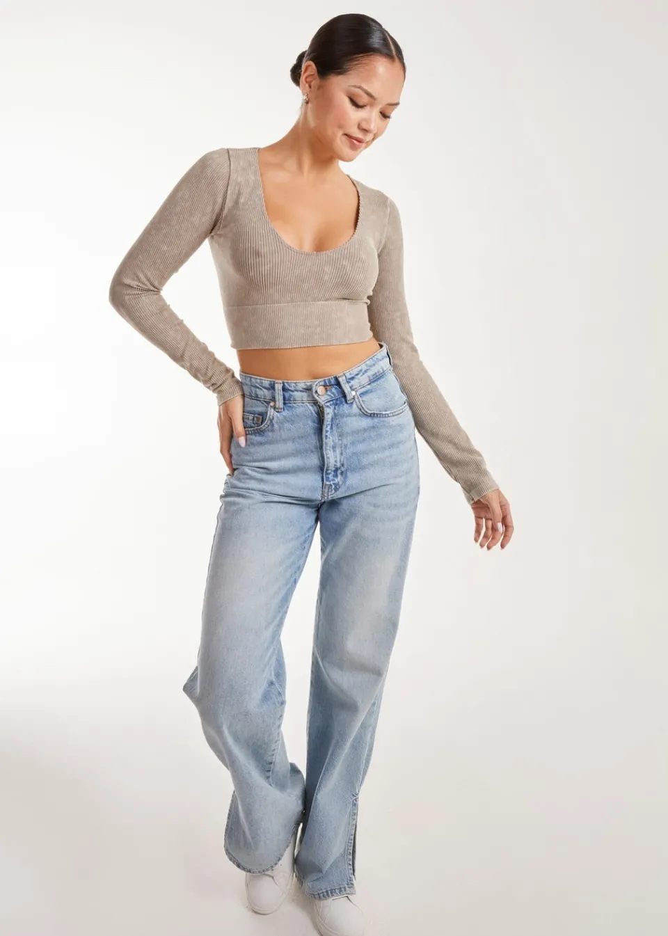 Tops>Pink Vanilla Stone Washed Rib Long Sleeve Top