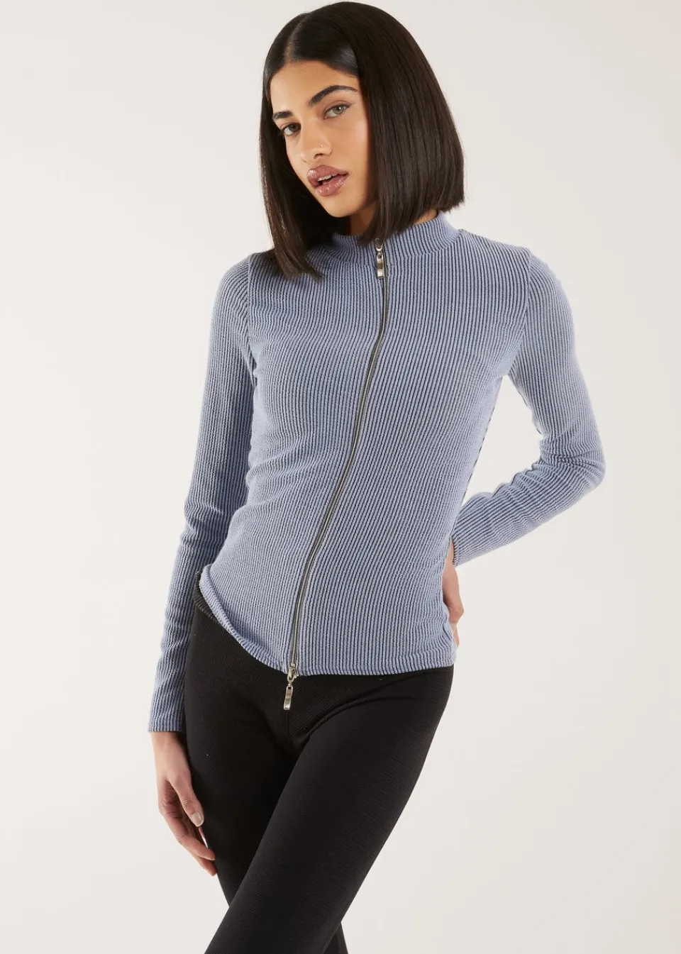 Tops>Pink Vanilla Two Tone Rib Double Zip Top Blue