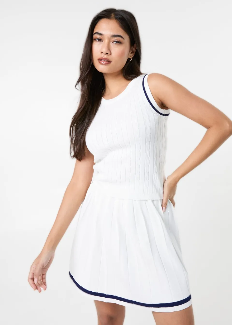 Tops>Pink Vanilla White Cable Knit Vest With Contrast Piping