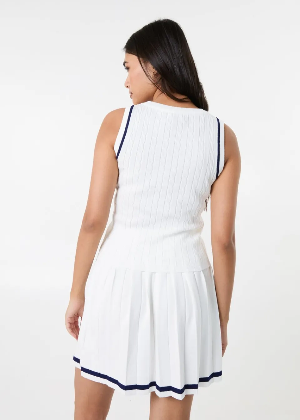Tops>Pink Vanilla White Cable Knit Vest With Contrast Piping