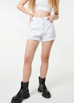 Shorts>Pink Vanilla White Denim Glitter Effect Diamante Shorts