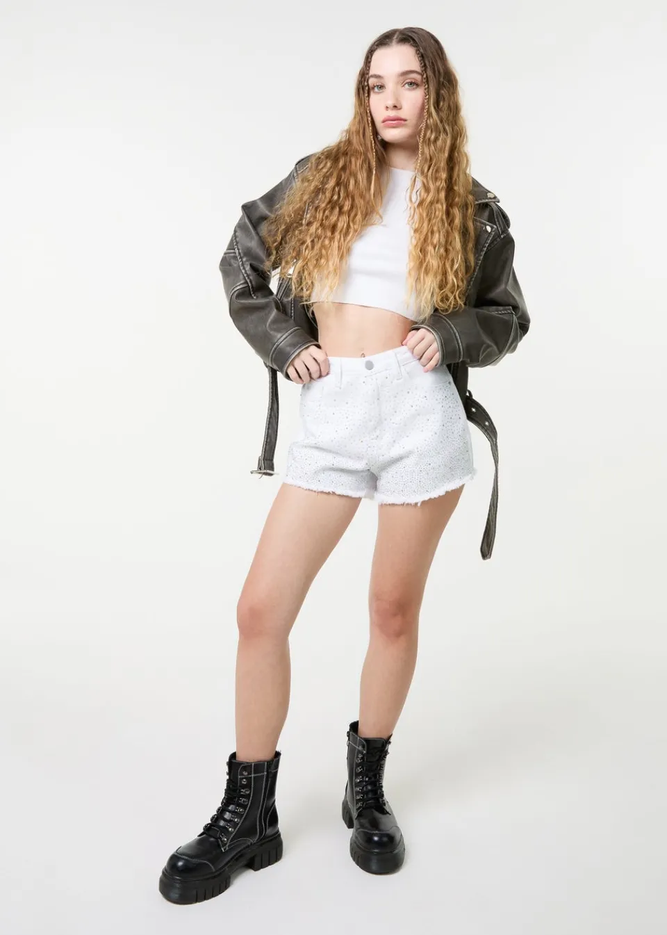 Shorts>Pink Vanilla White Denim Glitter Effect Diamante Shorts