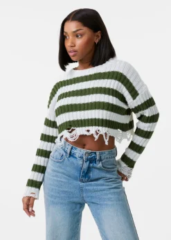 Tops>Pink Vanilla White Distressed Striped Crop Knit Jumper