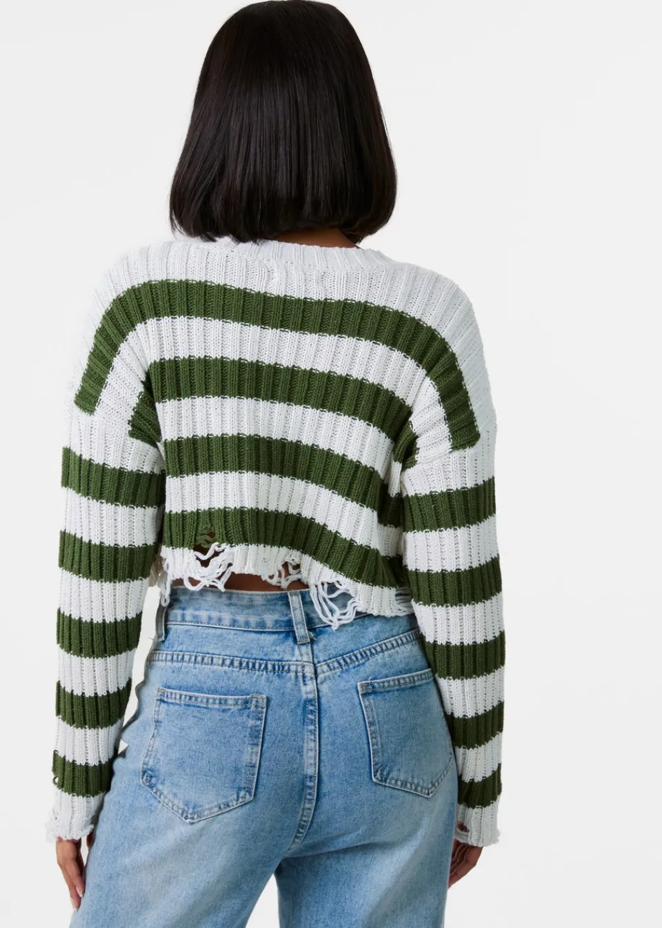 Tops>Pink Vanilla White Distressed Striped Crop Knit Jumper