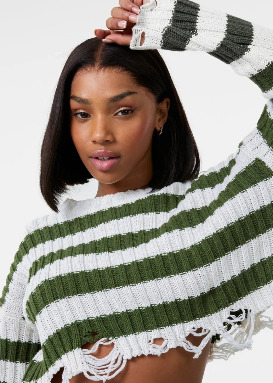 Tops>Pink Vanilla White Distressed Striped Crop Knit Jumper