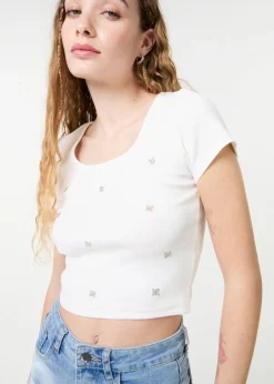 T-Shirts>Pink Vanilla White Embellished Wash Rib Top