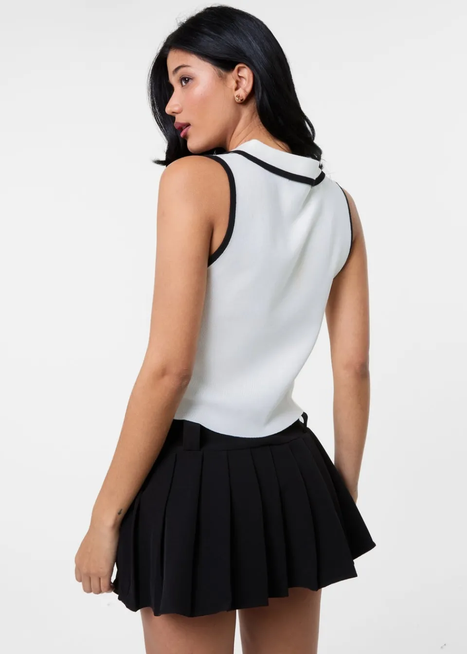 Tops>Pink Vanilla White Half Zip Crop Polo Top With Contrast Piping