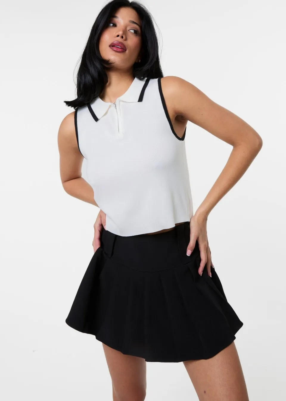 Tops>Pink Vanilla White Half Zip Crop Polo Top With Contrast Piping
