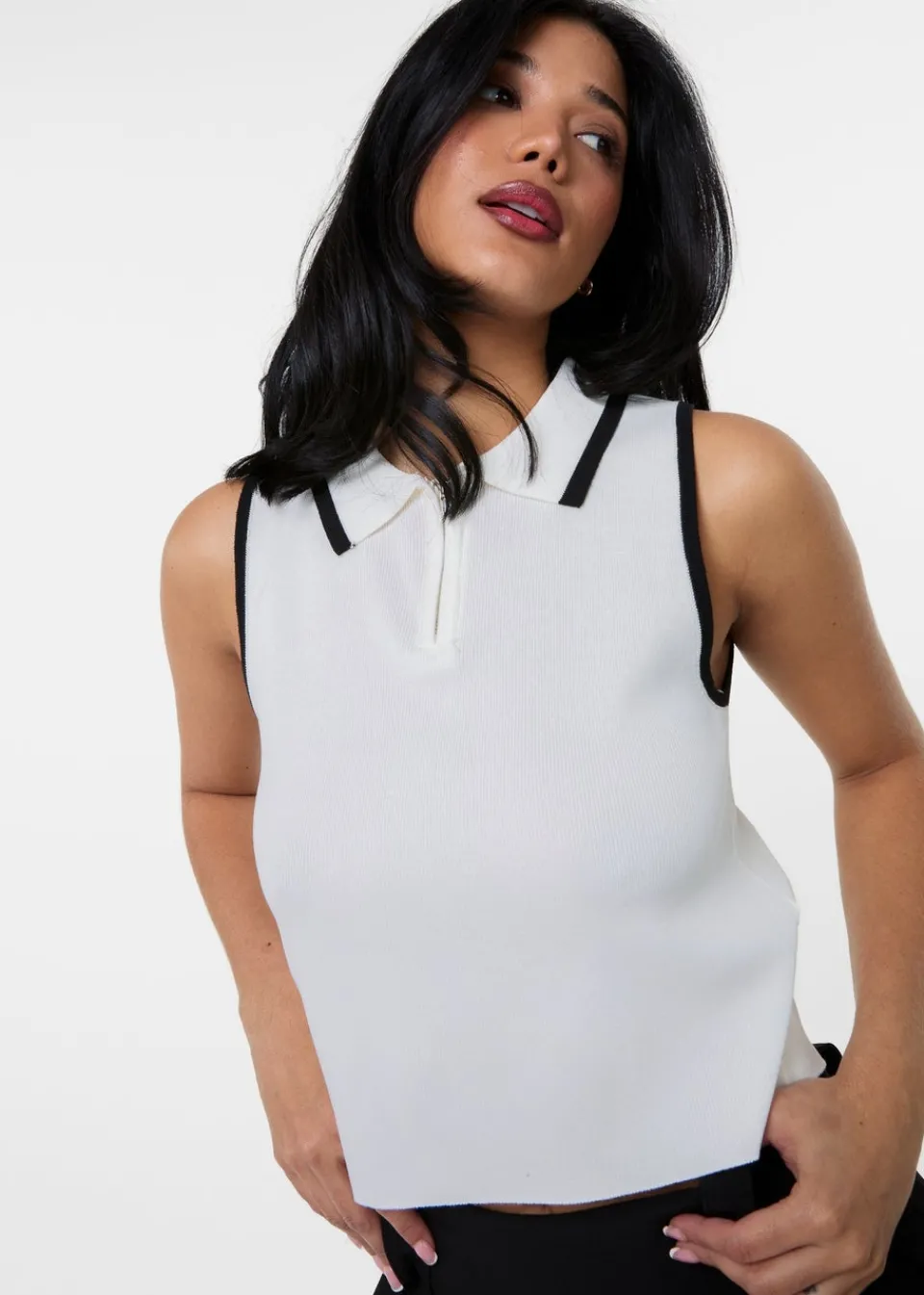 Tops>Pink Vanilla White Half Zip Crop Polo Top With Contrast Piping