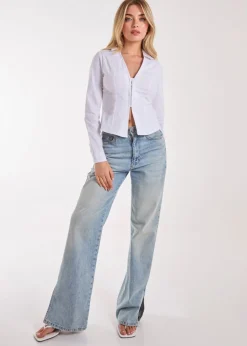 Tops>Pink Vanilla White Long Sleeve Hook and Eye Shirt
