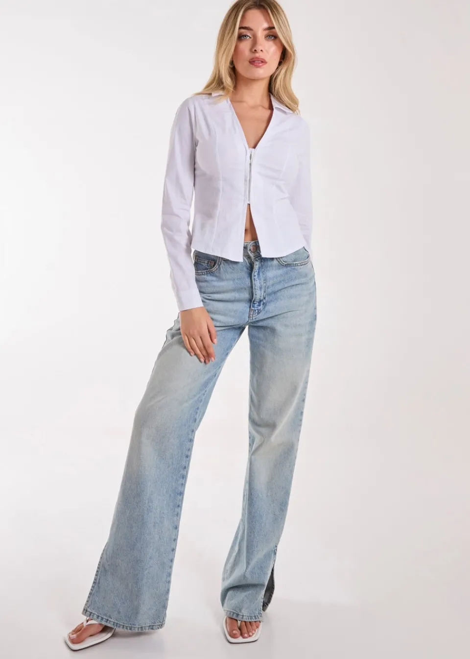 Tops>Pink Vanilla White Long Sleeve Hook and Eye Shirt