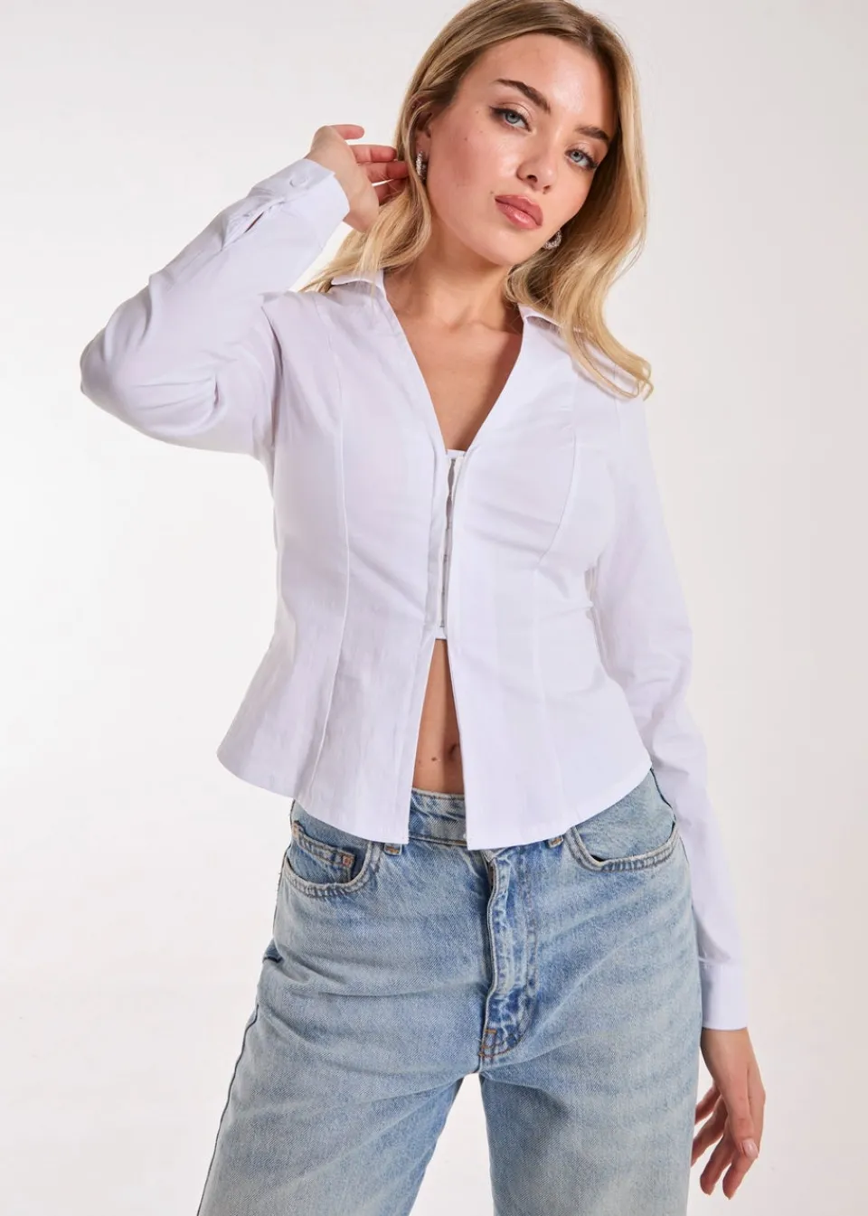 Tops>Pink Vanilla White Long Sleeve Hook and Eye Shirt
