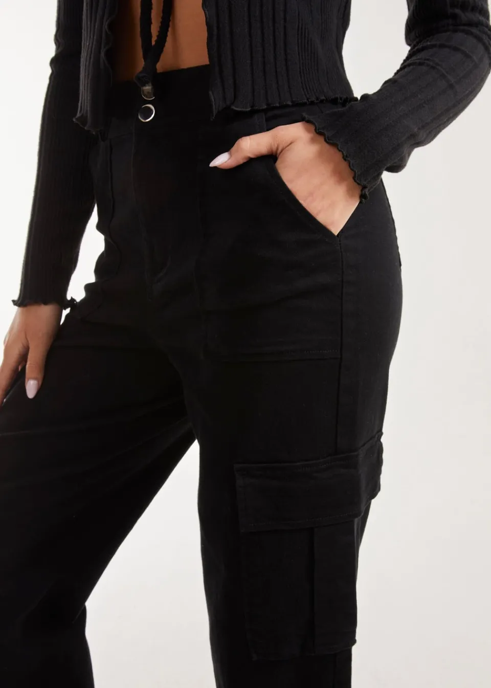 Trousers>Pink Vanilla Wide Straight Leg Pocket Cargo Trousers Black